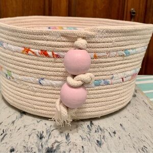New Handmade rope basket. 4.5” deep 8.5” wide Cotton fabric & wooden beads